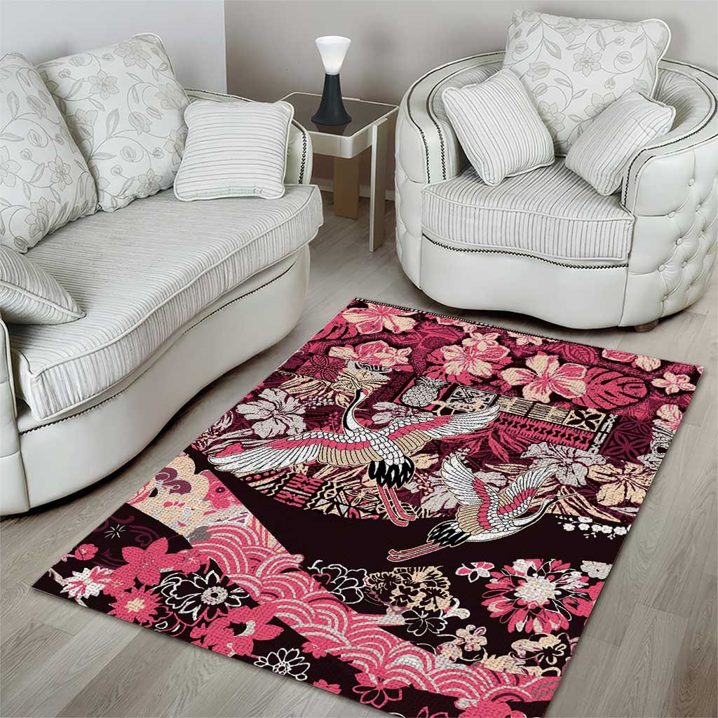Japanese Hawaiian Crane Area Rug Soft Pink Tapa Patchwork Pattern