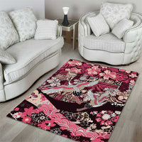 Japanese Hawaiian Crane Area Rug Soft Pink Tapa Patchwork Pattern
