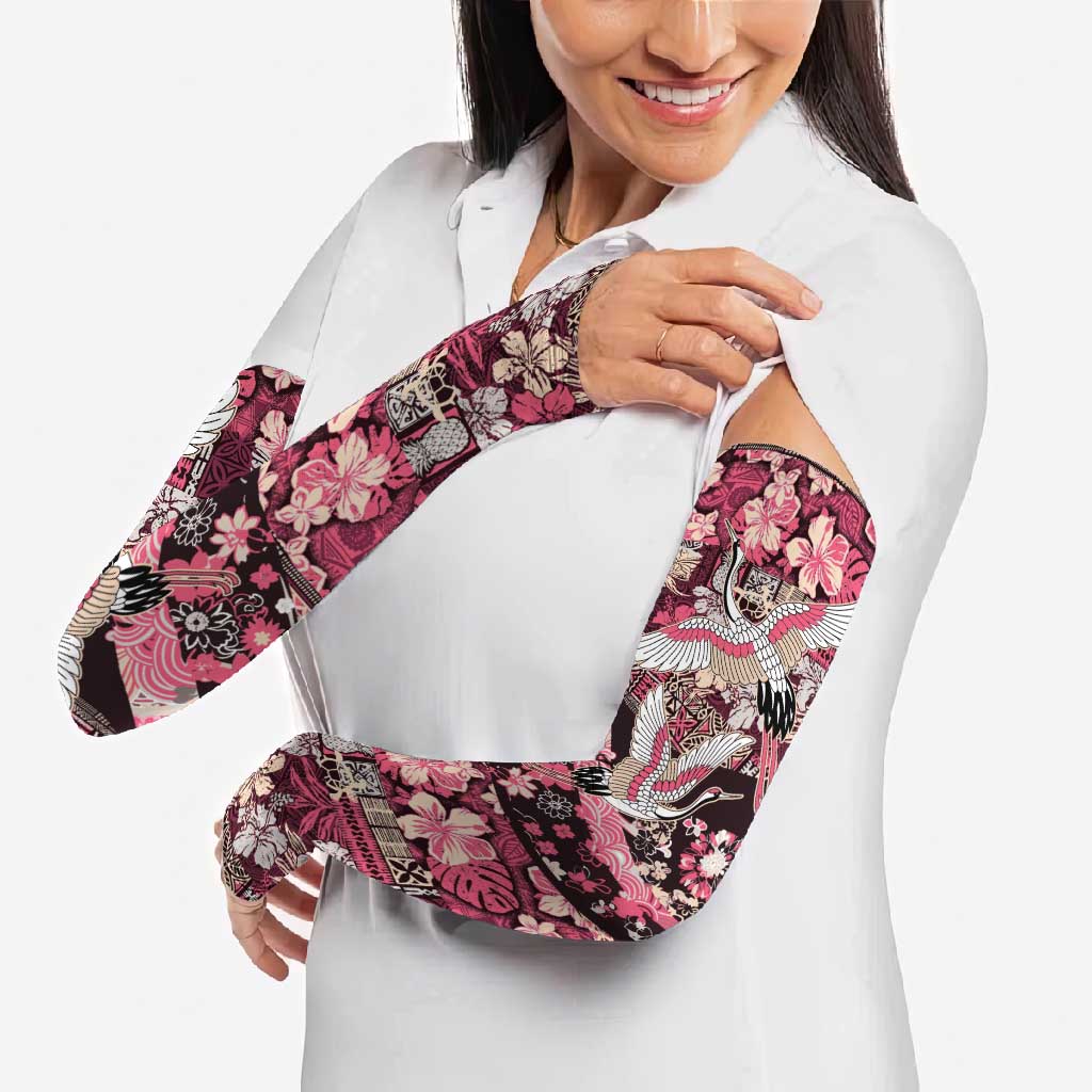 Japanese Hawaiian Crane Arm Sleeves Soft Pink Tapa Patchwork Pattern LT9 - Polynesian Pride