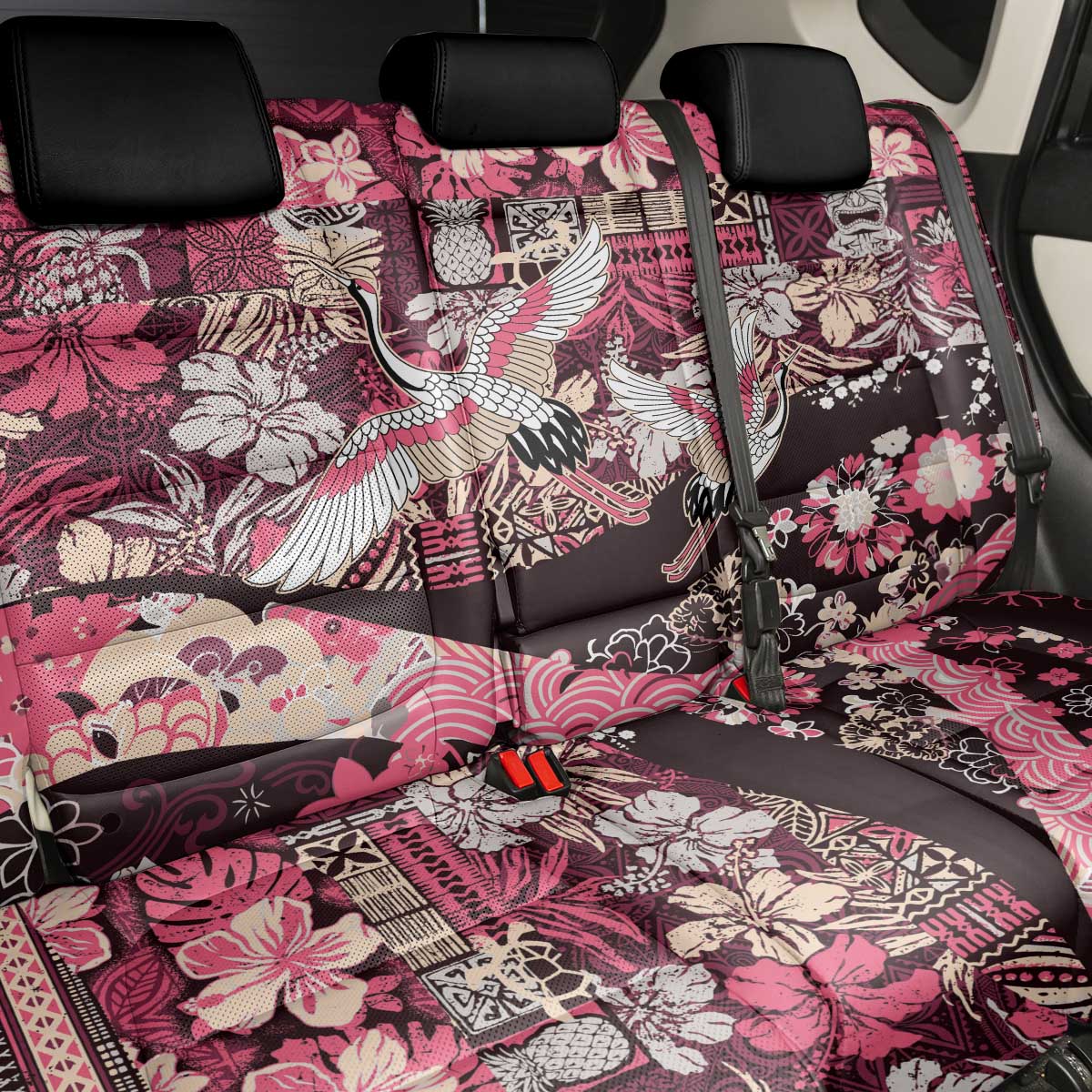 Japanese Hawaiian Crane Back Car Seat Cover Soft Pink Tapa Patchwork Pattern LT9 - Polynesian Pride