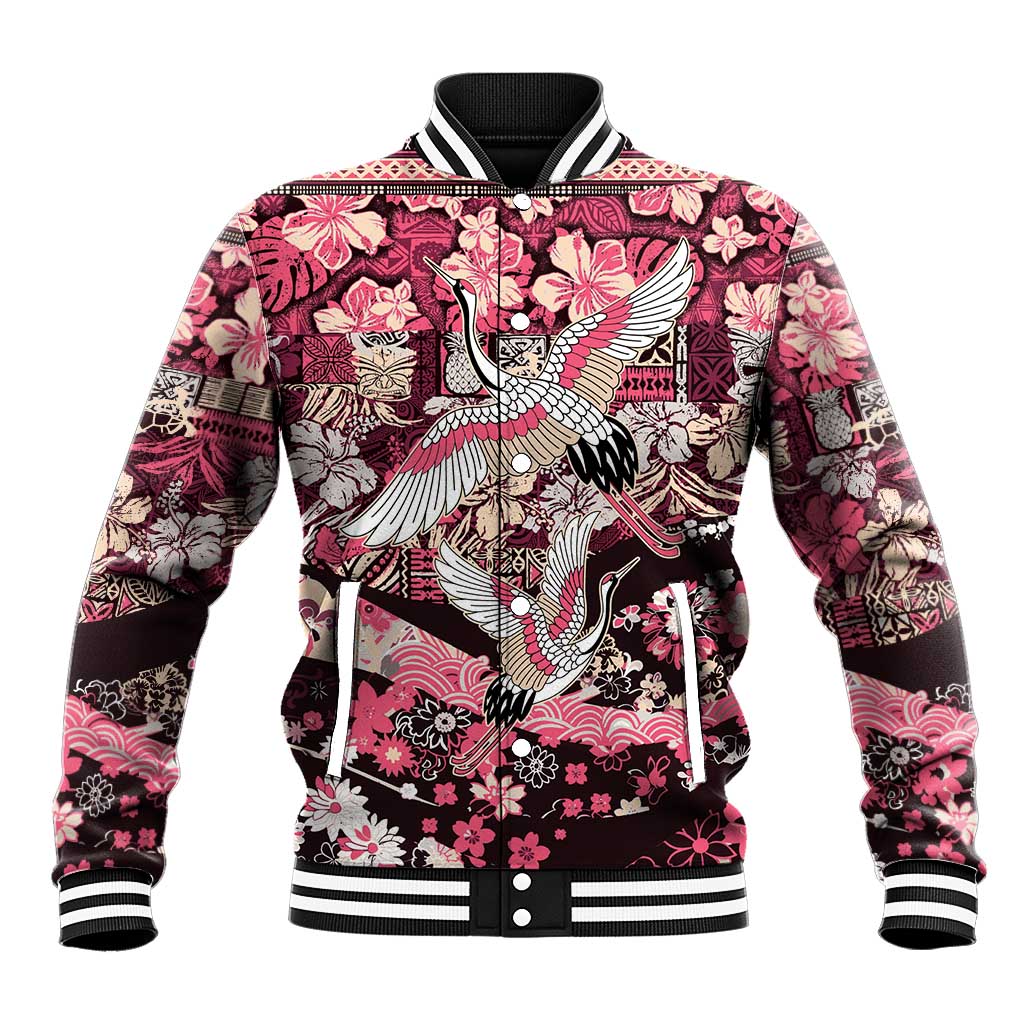 Japanese Hawaiian Crane Baseball Jacket Soft Pink Tapa Patchwork Pattern LT9 Unisex Pink - Polynesian Pride