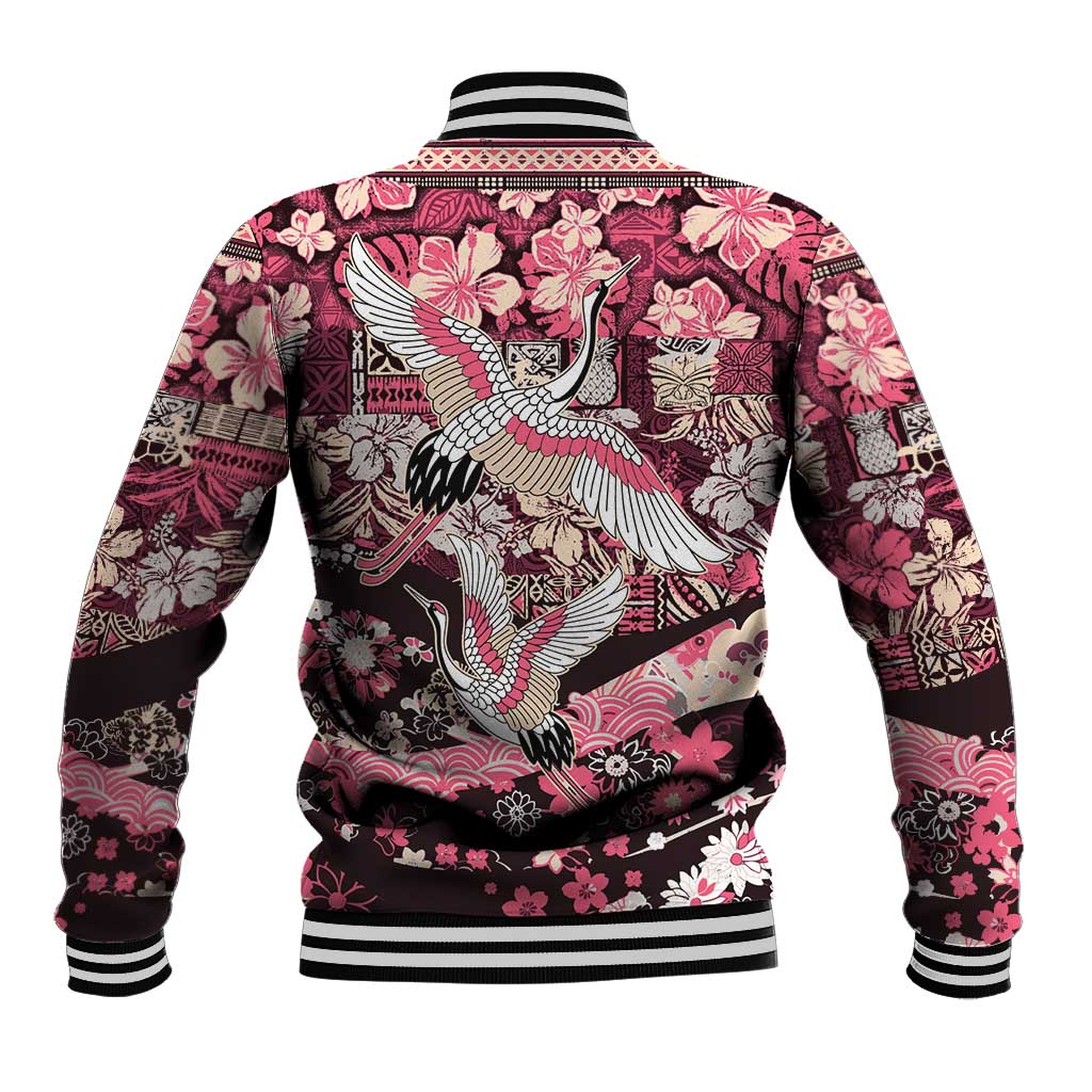Japanese Hawaiian Crane Baseball Jacket Soft Pink Tapa Patchwork Pattern LT9 - Polynesian Pride