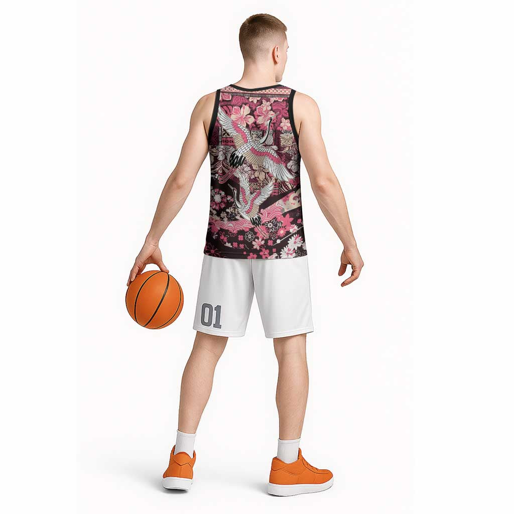 Japanese Hawaiian Crane Basketball Jersey Soft Pink Tapa Patchwork Pattern LT9 - Polynesian Pride