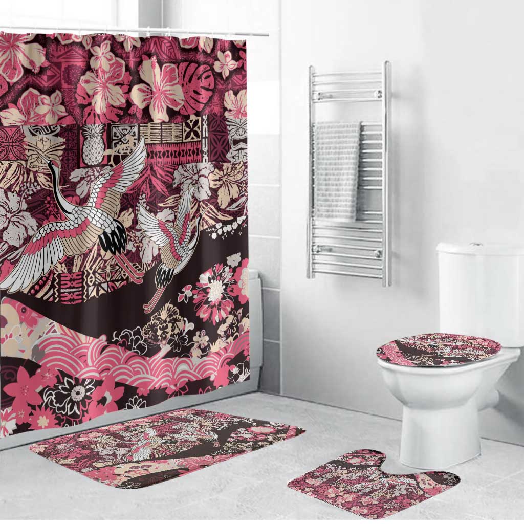 Japanese Hawaiian Crane Bathroom Set Soft Pink Tapa Patchwork Pattern LT9 Bathroom Set (4 pcs) Pink - Polynesian Pride