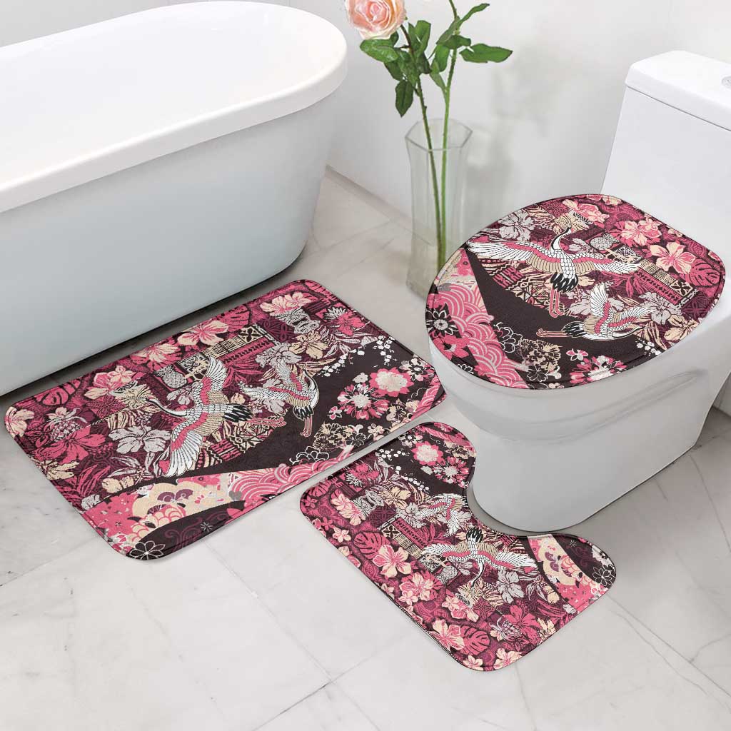 Japanese Hawaiian Crane Bathroom Set Soft Pink Tapa Patchwork Pattern LT9 - Polynesian Pride