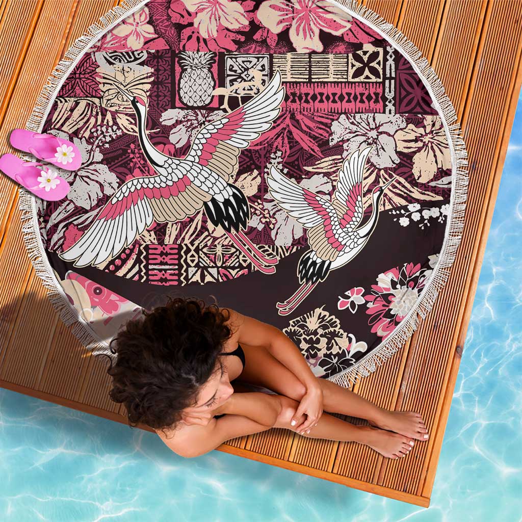 Japanese Hawaiian Crane Beach Blanket Soft Pink Tapa Patchwork Pattern LT9 - Polynesian Pride