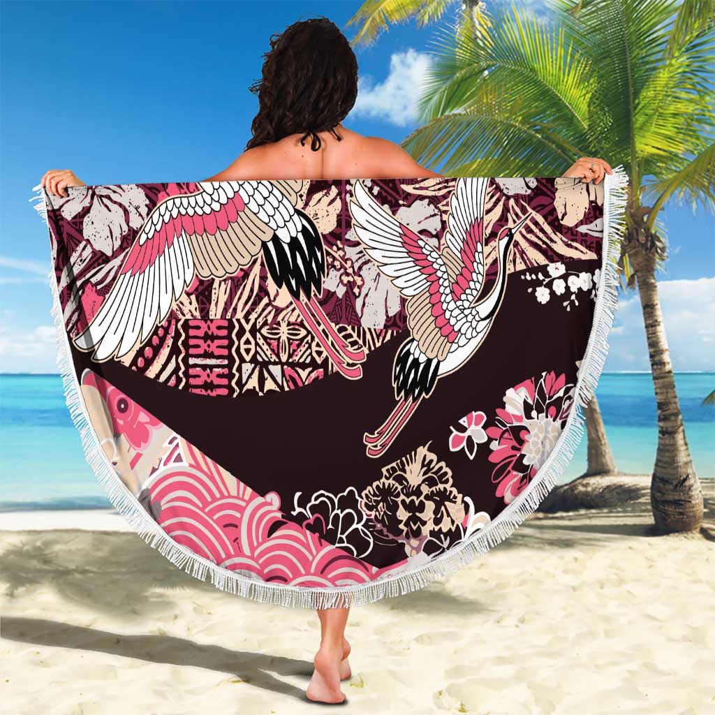 Japanese Hawaiian Crane Beach Blanket Soft Pink Tapa Patchwork Pattern LT9 - Polynesian Pride