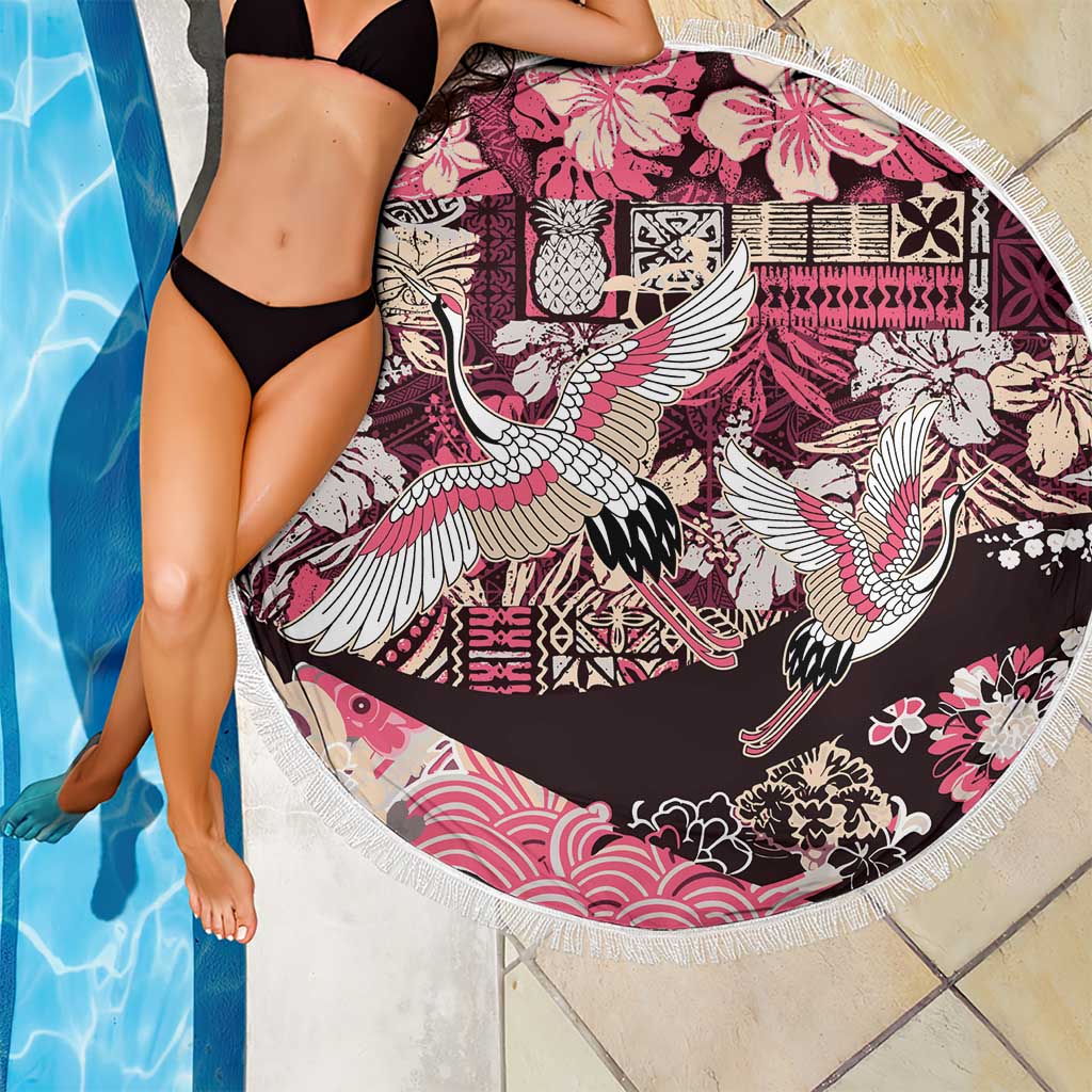 Japanese Hawaiian Crane Beach Blanket Soft Pink Tapa Patchwork Pattern LT9 - Polynesian Pride