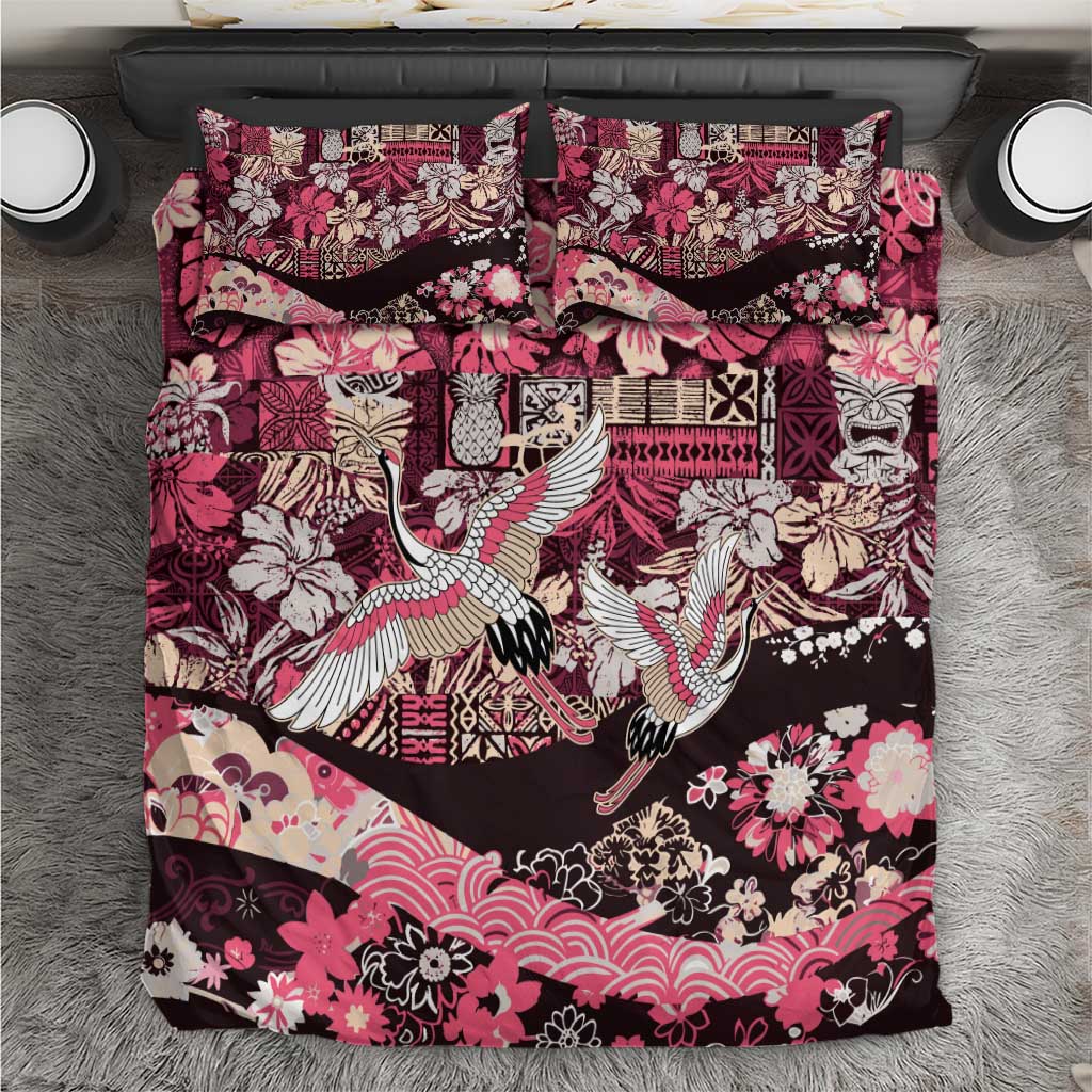Japanese Hawaiian Crane Bedding Set Soft Pink Tapa Patchwork Pattern LT9 Pink - Polynesian Pride