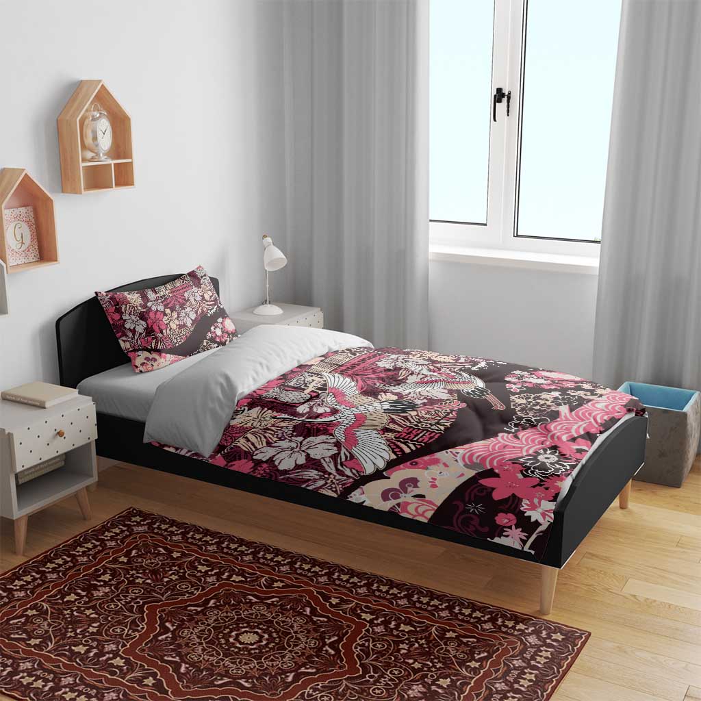 Japanese Hawaiian Crane Bedding Set Soft Pink Tapa Patchwork Pattern LT9 - Polynesian Pride