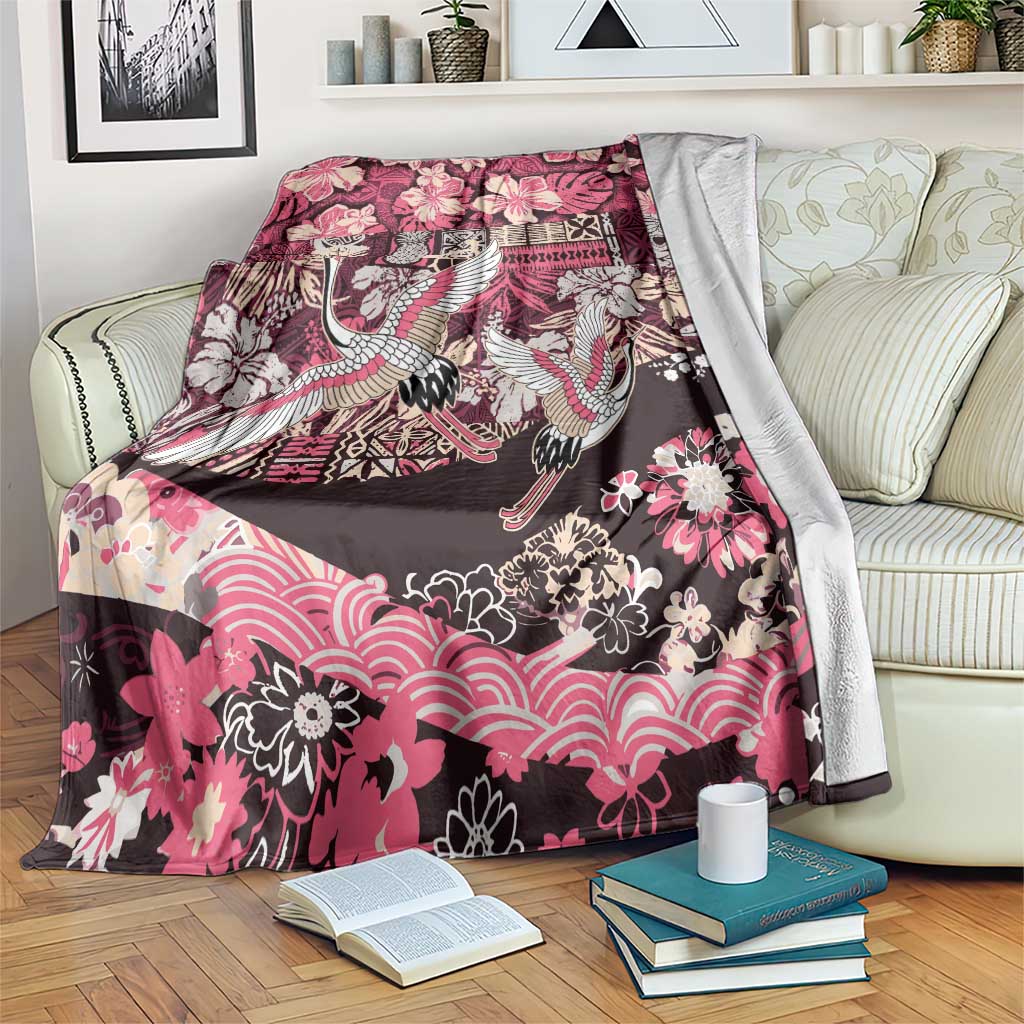 Japanese Hawaiian Crane Blanket Soft Pink Tapa Patchwork Pattern LT9 Pink - Polynesian Pride