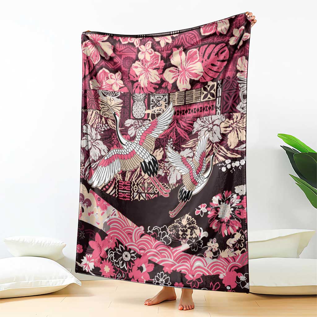 Japanese Hawaiian Crane Blanket Soft Pink Tapa Patchwork Pattern LT9 - Polynesian Pride