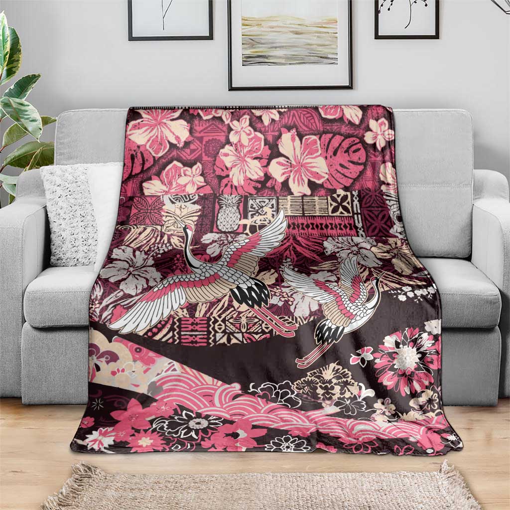 Japanese Hawaiian Crane Blanket Soft Pink Tapa Patchwork Pattern LT9 - Polynesian Pride