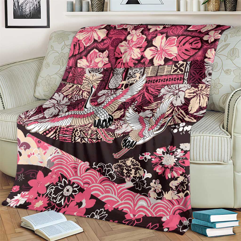Japanese Hawaiian Crane Blanket Soft Pink Tapa Patchwork Pattern LT9 - Polynesian Pride