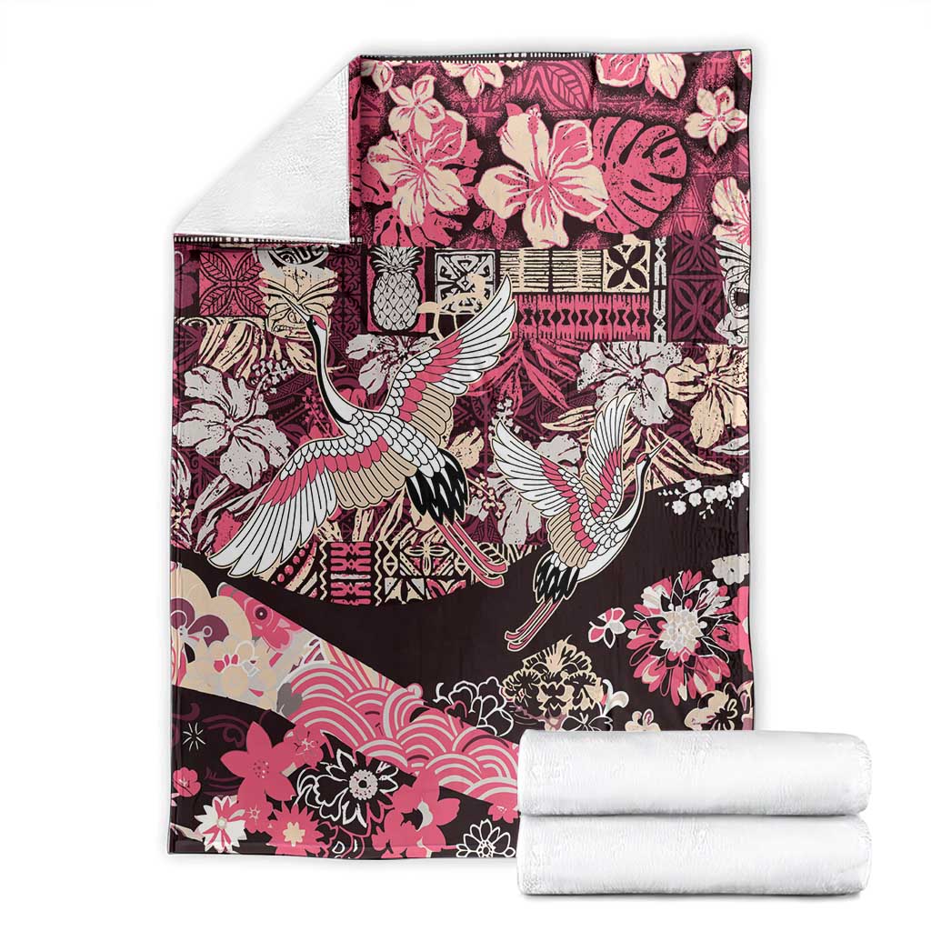 Japanese Hawaiian Crane Blanket Soft Pink Tapa Patchwork Pattern LT9 - Polynesian Pride