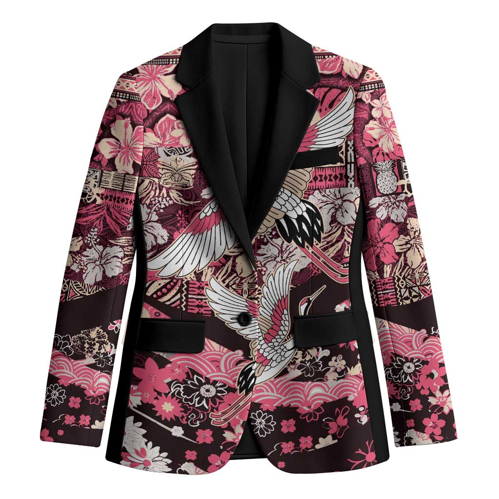 Japanese Hawaiian Crane Blazer Soft Pink Tapa Patchwork Pattern LT9 Unisex Pink - Polynesian Pride
