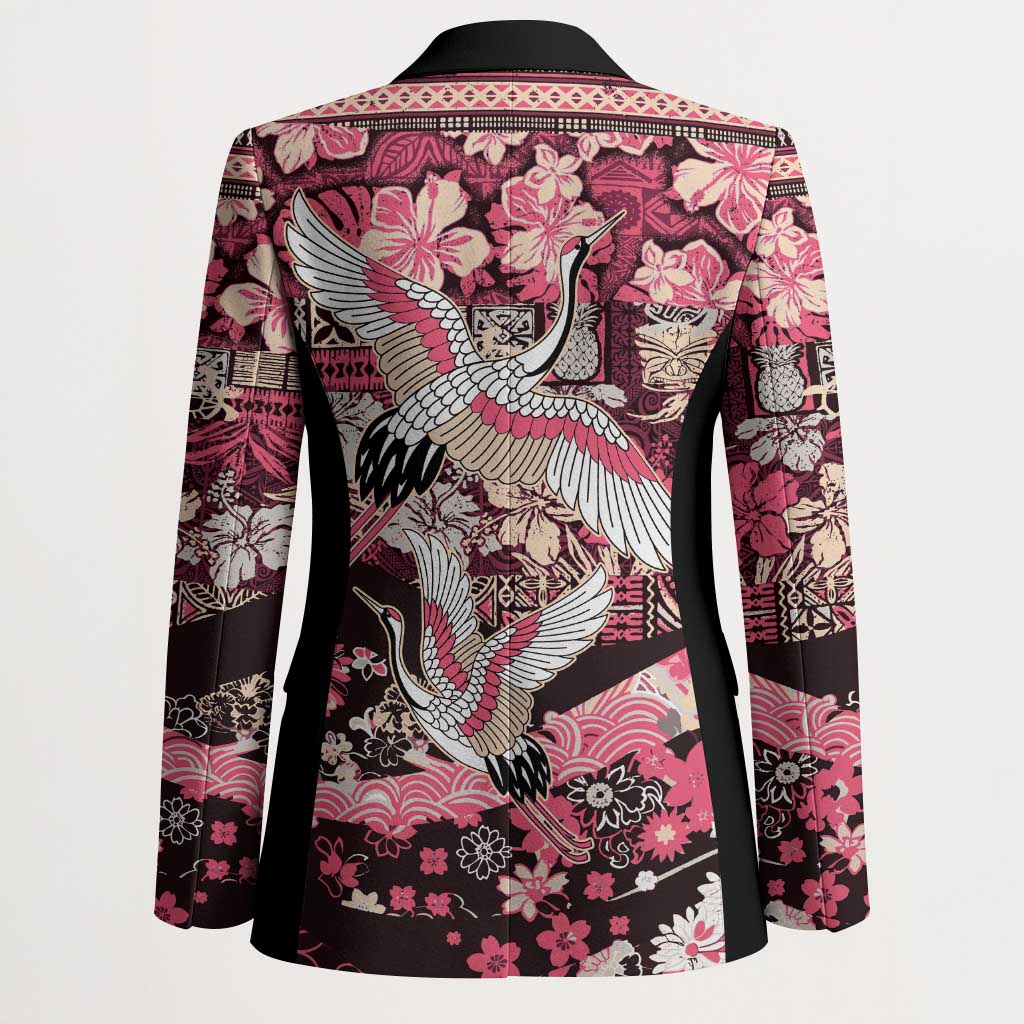 Japanese Hawaiian Crane Blazer Soft Pink Tapa Patchwork Pattern LT9 - Polynesian Pride
