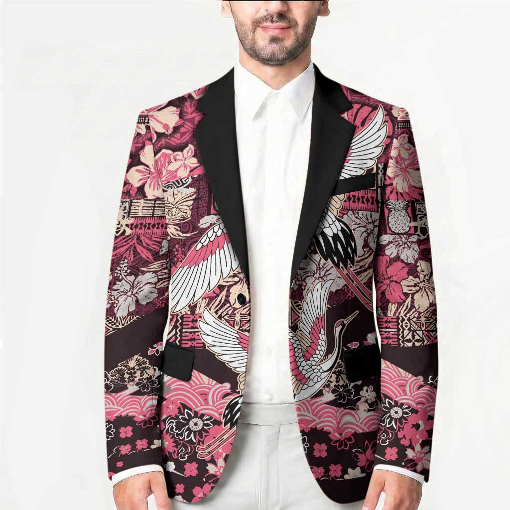 Japanese Hawaiian Crane Blazer Soft Pink Tapa Patchwork Pattern LT9 - Polynesian Pride