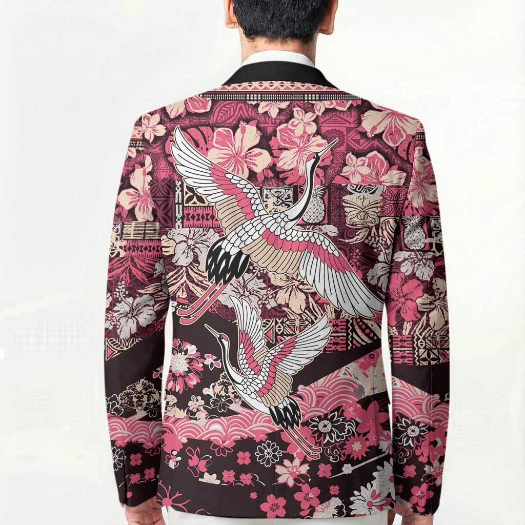 Japanese Hawaiian Crane Blazer Soft Pink Tapa Patchwork Pattern LT9 - Polynesian Pride