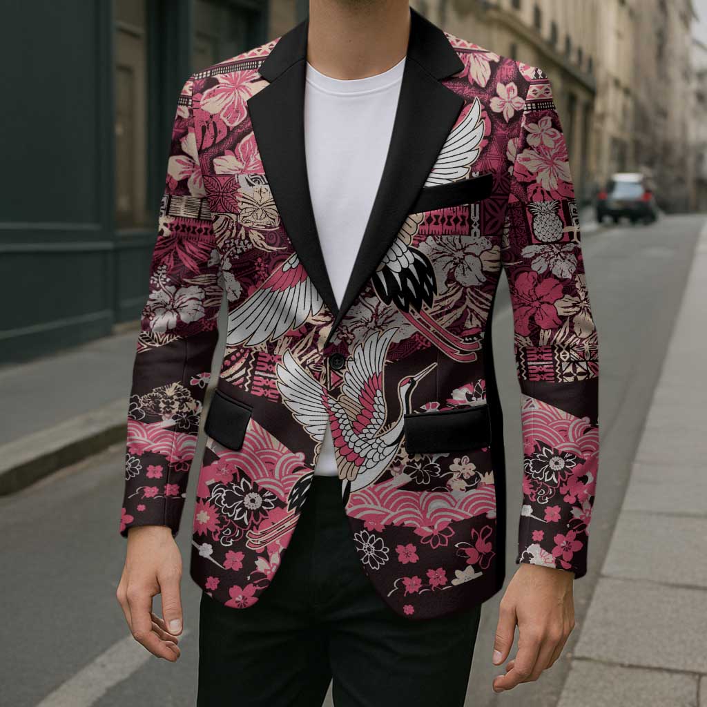 Japanese Hawaiian Crane Blazer Soft Pink Tapa Patchwork Pattern LT9 - Polynesian Pride