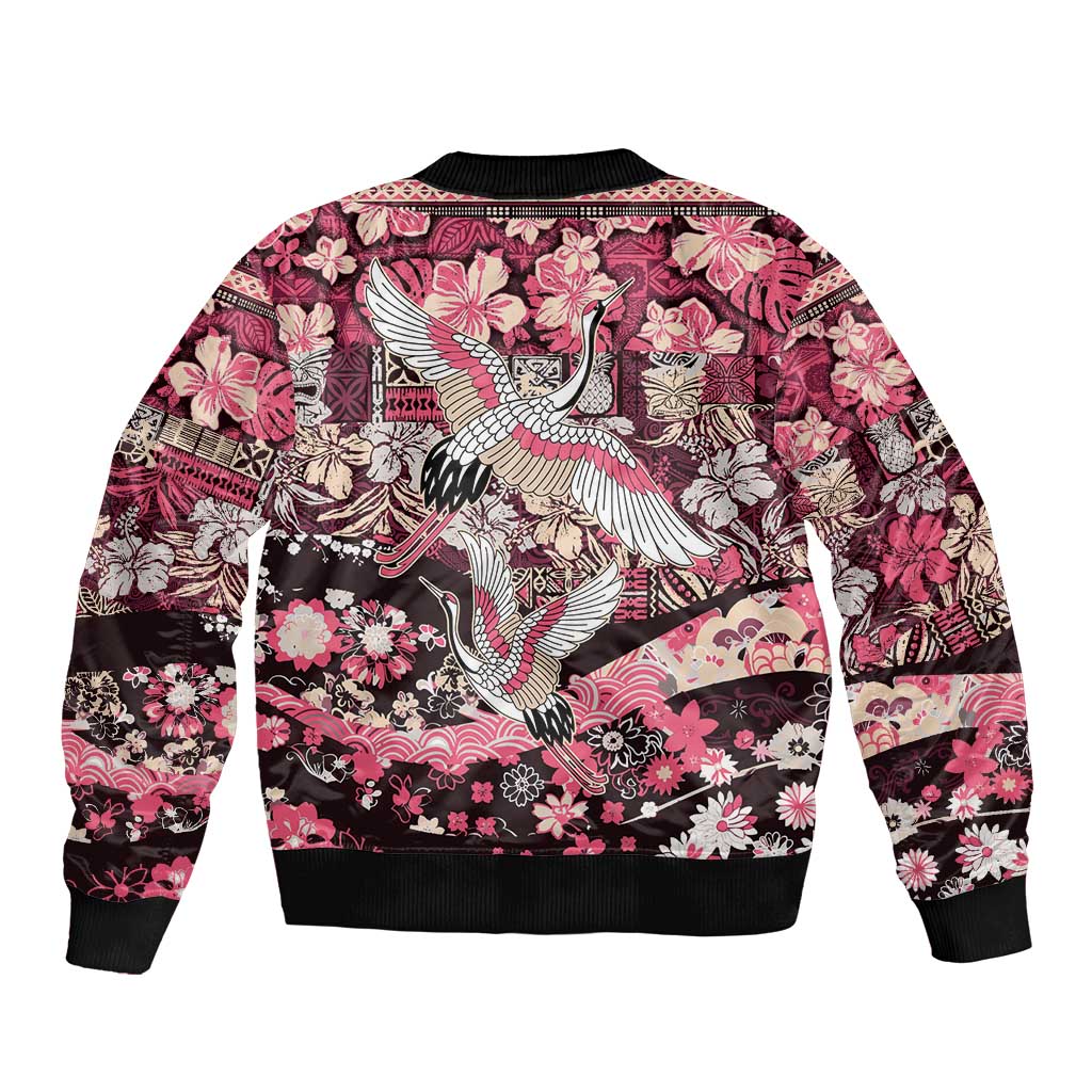 Japanese Hawaiian Crane Bomber Jacket Soft Pink Tapa Patchwork Pattern LT9 - Polynesian Pride