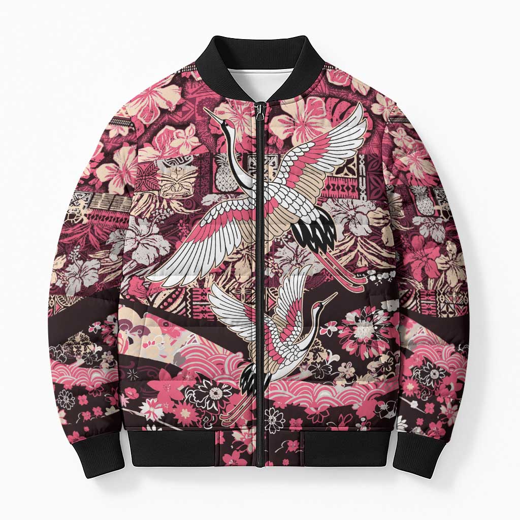 Japanese Hawaiian Crane Bomber Puffer Jacket Soft Pink Tapa Patchwork Pattern LT9 Unisex Pink - Polynesian Pride