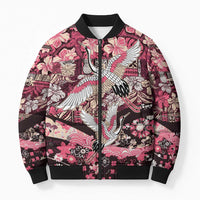 Japanese Hawaiian Crane Bomber Puffer Jacket Soft Pink Tapa Patchwork Pattern LT9 Unisex Pink - Polynesian Pride