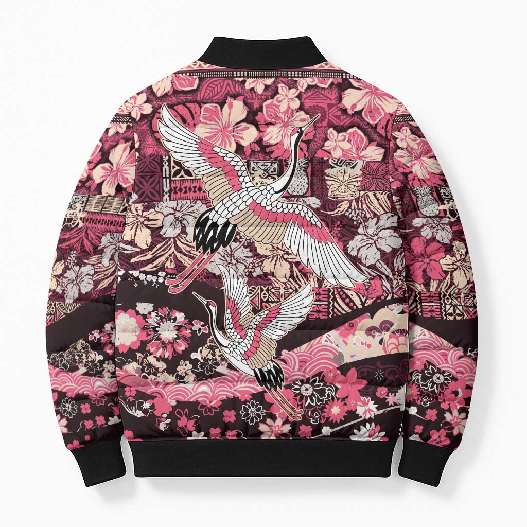 Japanese Hawaiian Crane Bomber Puffer Jacket Soft Pink Tapa Patchwork Pattern LT9 - Polynesian Pride