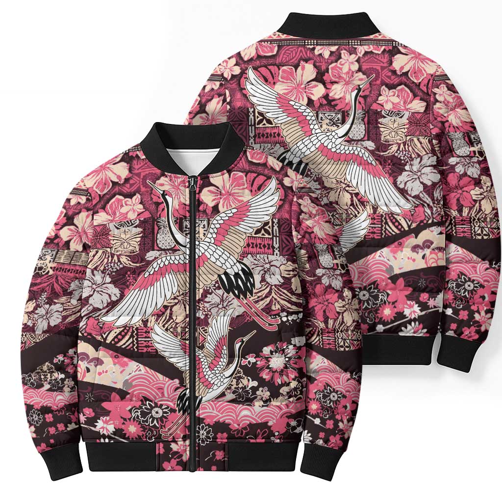 Japanese Hawaiian Crane Bomber Puffer Jacket Soft Pink Tapa Patchwork Pattern LT9 - Polynesian Pride