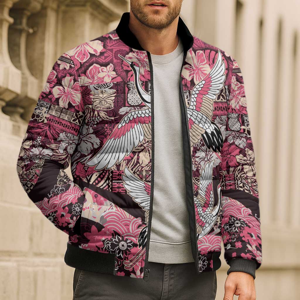 Japanese Hawaiian Crane Bomber Puffer Jacket Soft Pink Tapa Patchwork Pattern LT9 - Polynesian Pride