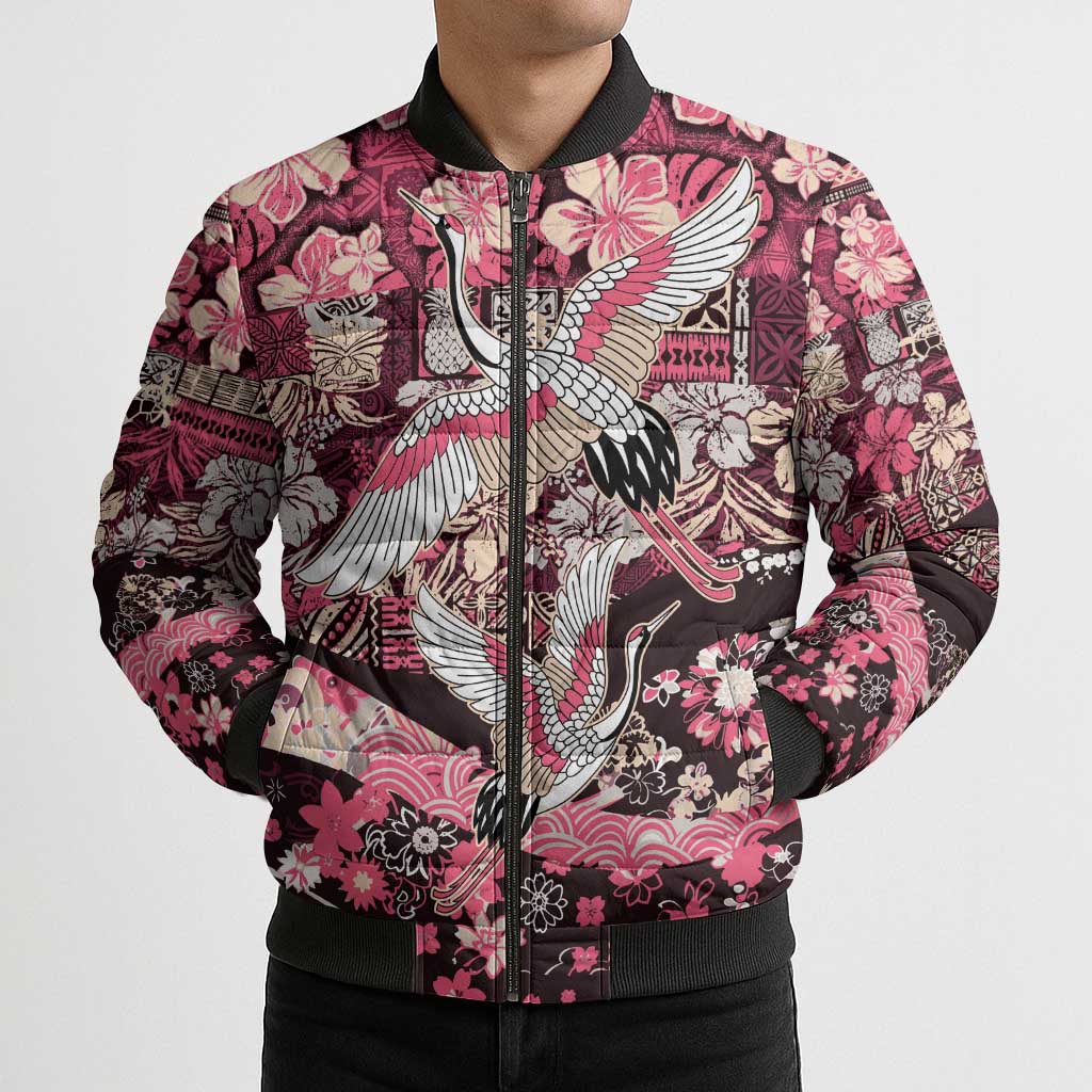 Japanese Hawaiian Crane Bomber Puffer Jacket Soft Pink Tapa Patchwork Pattern LT9 - Polynesian Pride