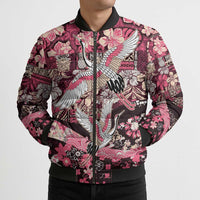 Japanese Hawaiian Crane Bomber Puffer Jacket Soft Pink Tapa Patchwork Pattern LT9 - Polynesian Pride