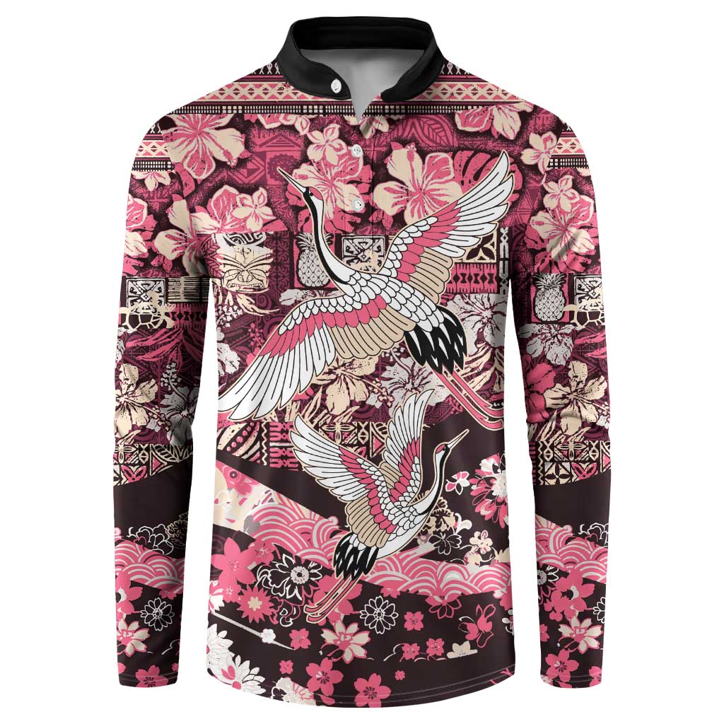 Japanese Hawaiian Crane Button Sweatshirt Soft Pink Tapa Patchwork Pattern LT9 Pink - Polynesian Pride