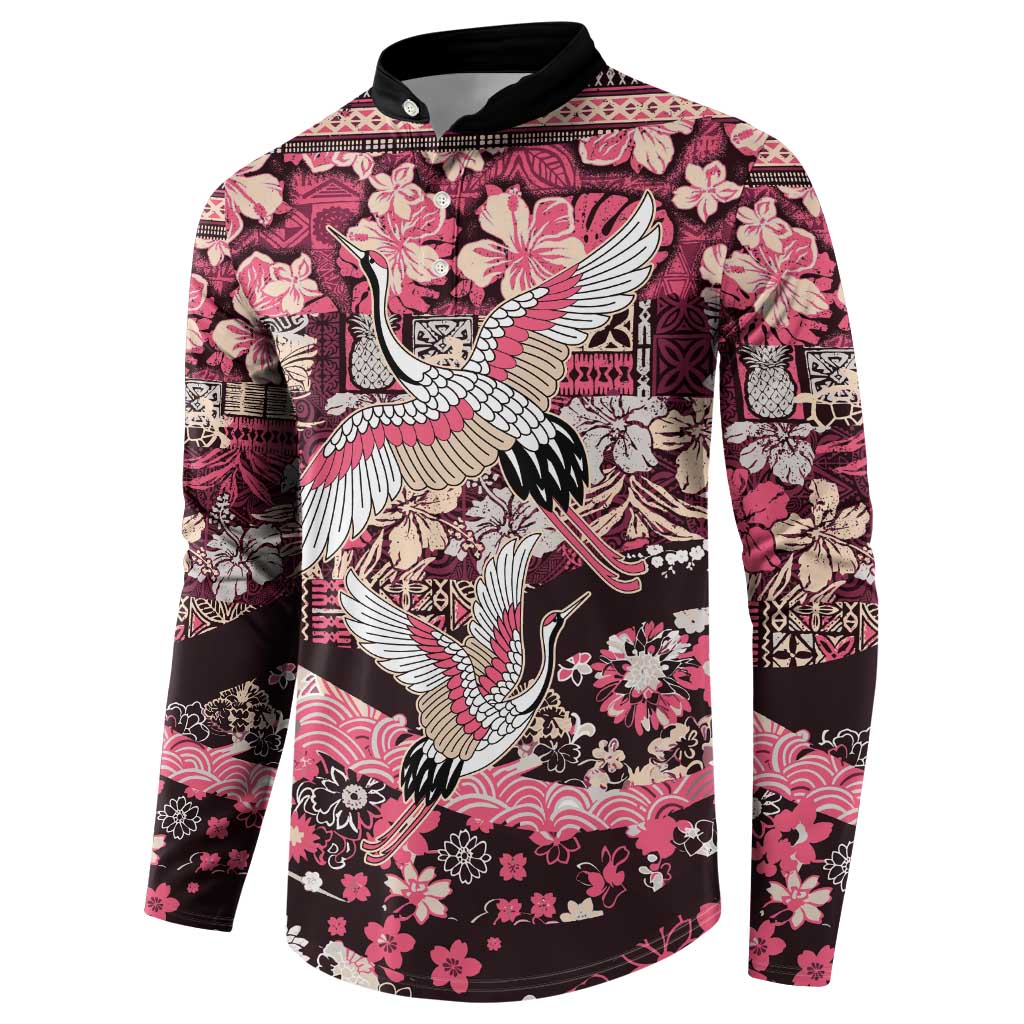 Japanese Hawaiian Crane Button Sweatshirt Soft Pink Tapa Patchwork Pattern LT9 - Polynesian Pride