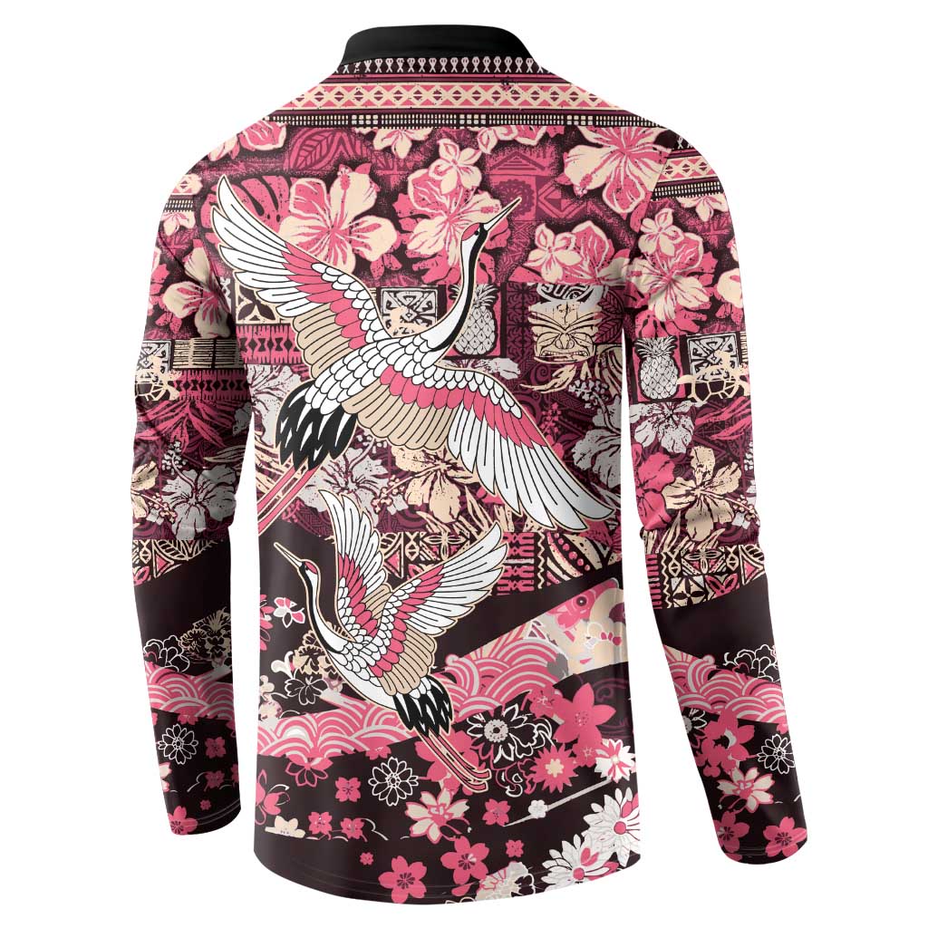 Japanese Hawaiian Crane Button Sweatshirt Soft Pink Tapa Patchwork Pattern LT9 - Polynesian Pride