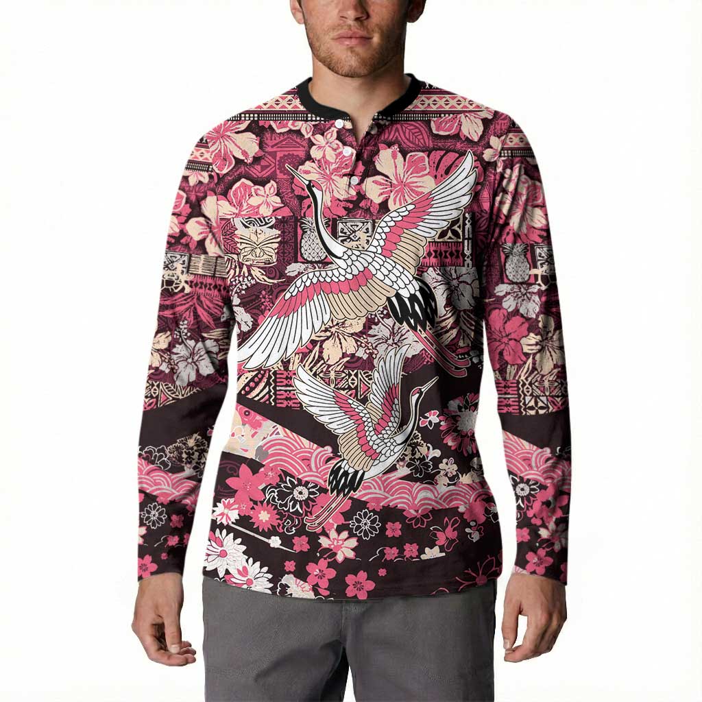 Japanese Hawaiian Crane Button Sweatshirt Soft Pink Tapa Patchwork Pattern LT9 - Polynesian Pride