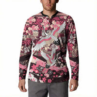Japanese Hawaiian Crane Button Sweatshirt Soft Pink Tapa Patchwork Pattern LT9 - Polynesian Pride