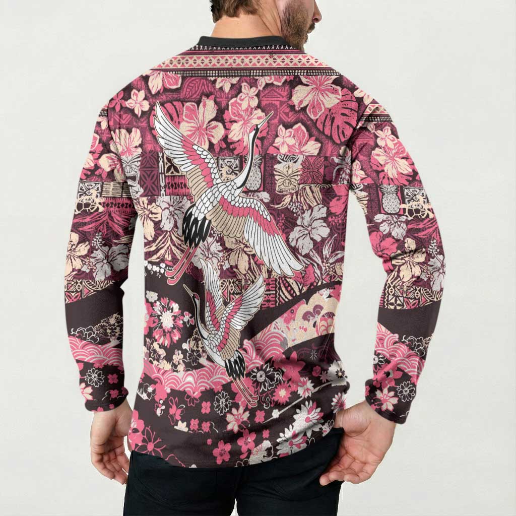 Japanese Hawaiian Crane Button Sweatshirt Soft Pink Tapa Patchwork Pattern LT9 - Polynesian Pride