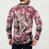 Japanese Hawaiian Crane Button Sweatshirt Soft Pink Tapa Patchwork Pattern LT9 - Polynesian Pride