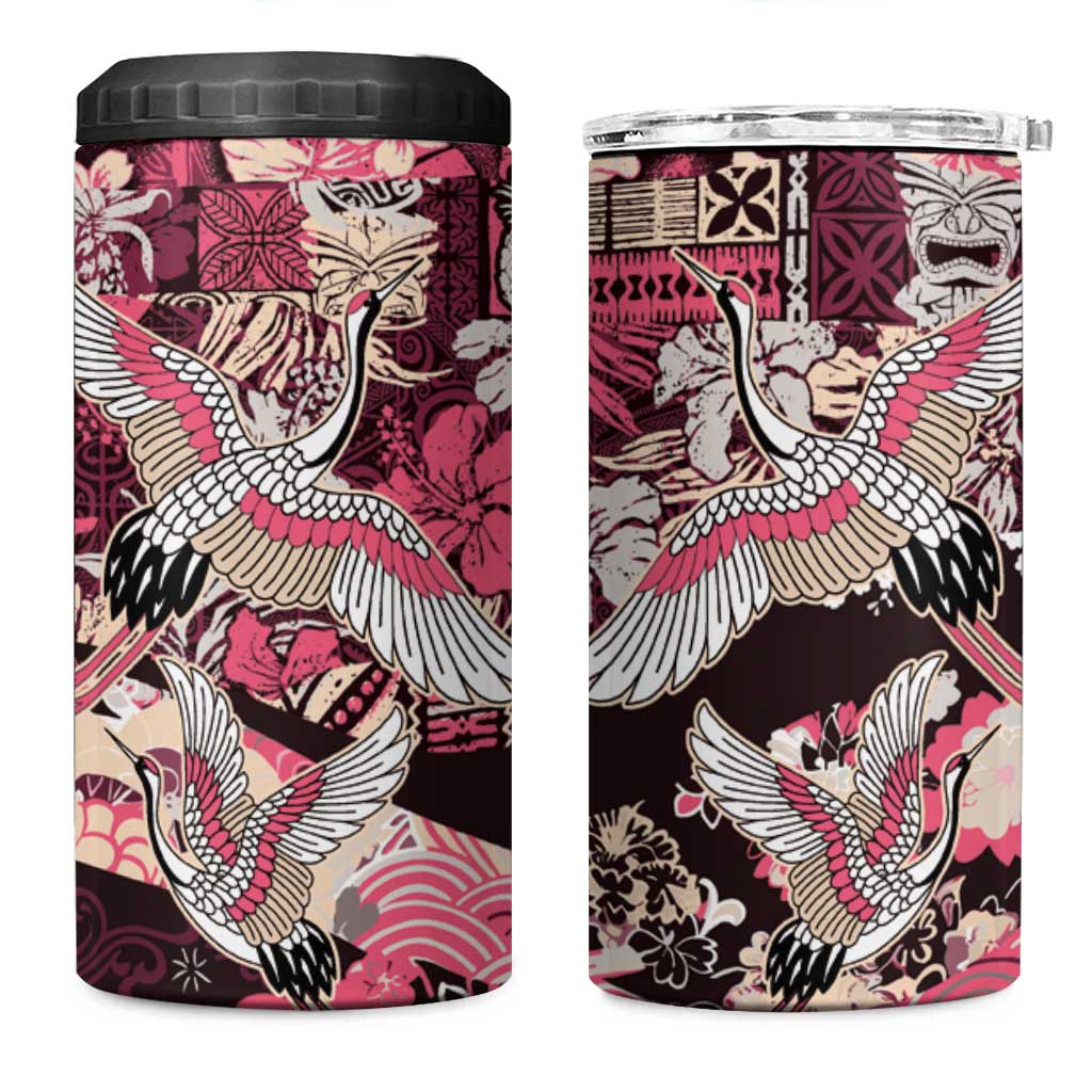 Japanese Hawaiian Crane 4 in 1 Can Cooler Tumbler Soft Pink Tapa Patchwork Pattern