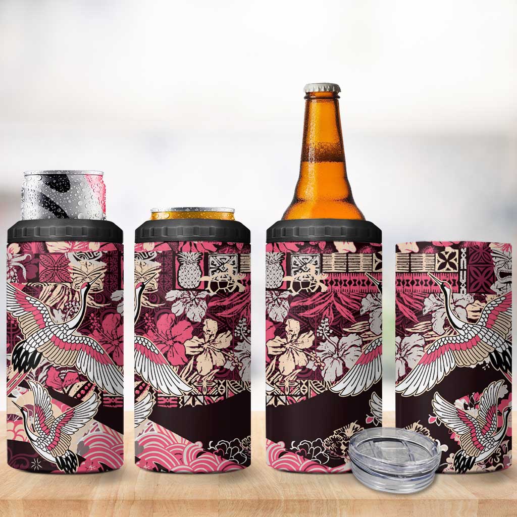 Japanese Hawaiian Crane 4 in 1 Can Cooler Tumbler Soft Pink Tapa Patchwork Pattern