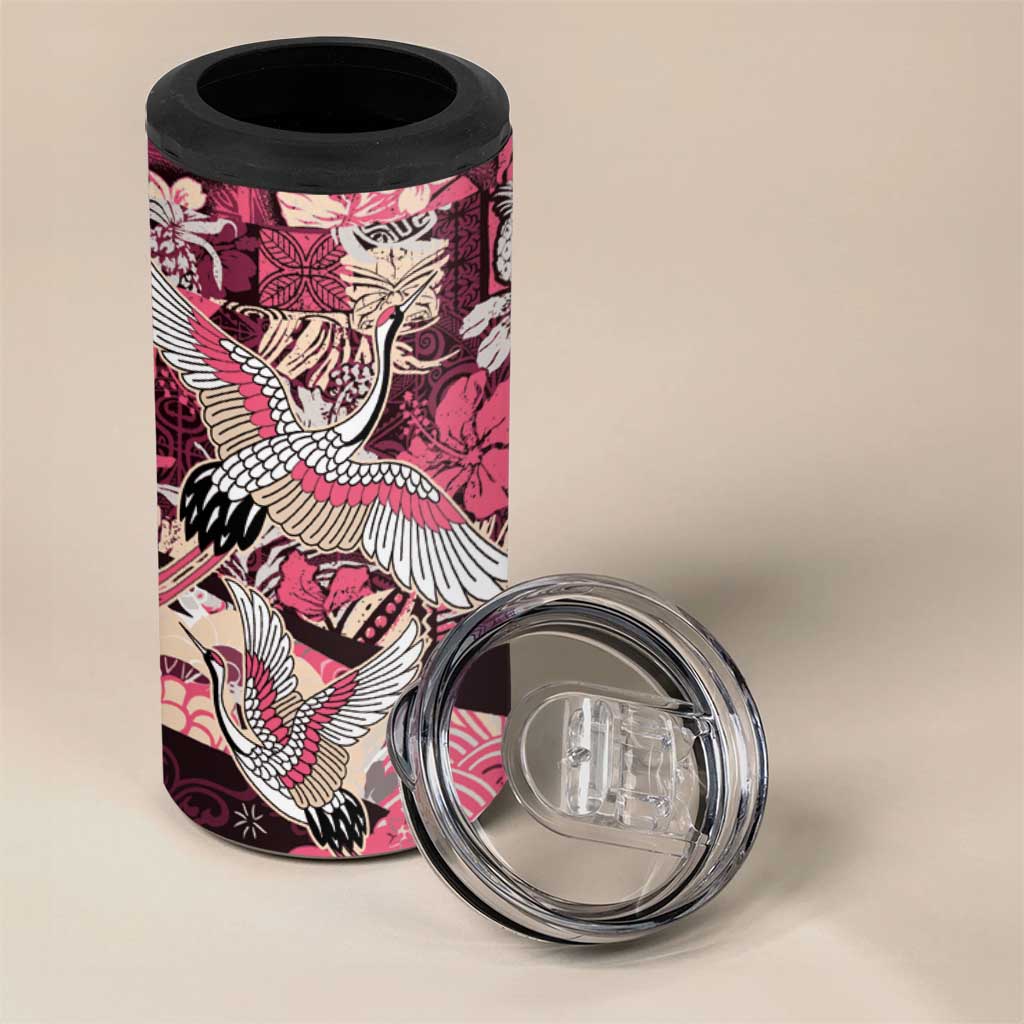 Japanese Hawaiian Crane 4 in 1 Can Cooler Tumbler Soft Pink Tapa Patchwork Pattern