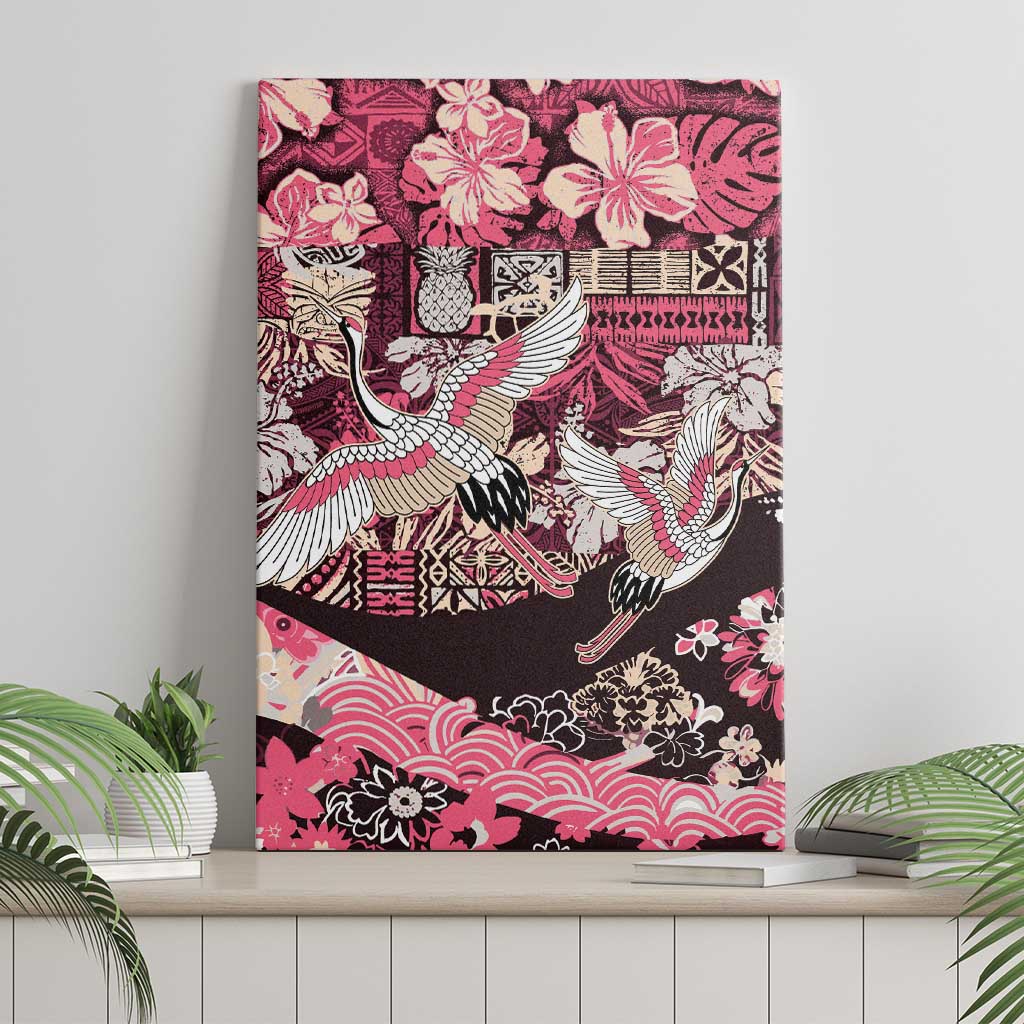 Japanese Hawaiian Crane Canvas Wall Art Soft Pink Tapa Patchwork Pattern LT9 - Polynesian Pride