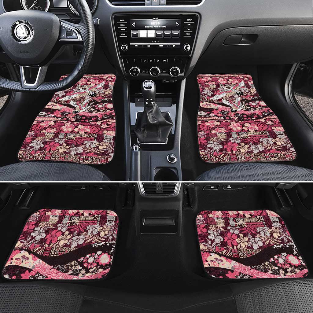 Japanese Hawaiian Crane Car Mats Soft Pink Tapa Patchwork Pattern LT9 Set 4pcs Pink - Polynesian Pride