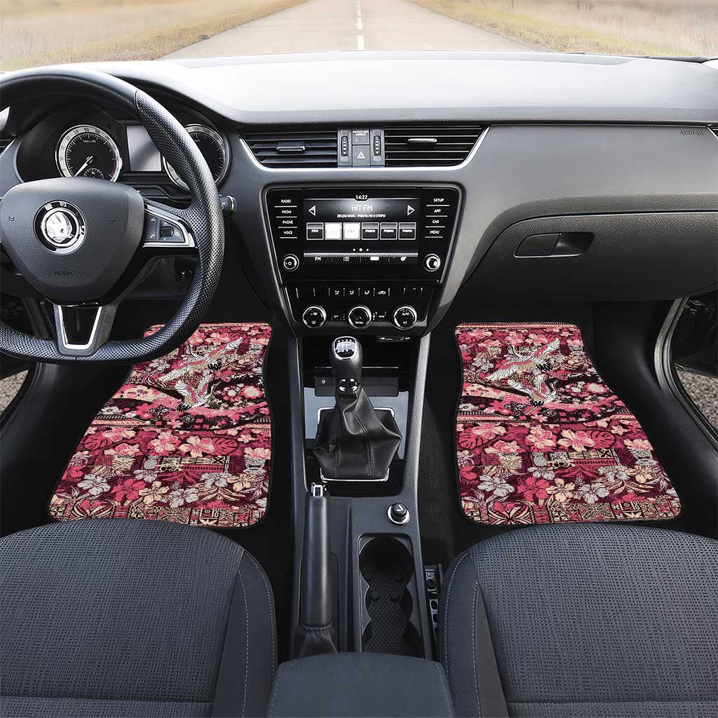 Japanese Hawaiian Crane Car Mats Soft Pink Tapa Patchwork Pattern LT9 Set 2pcs - Front Pink - Polynesian Pride