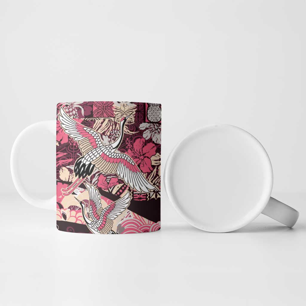 Japanese Hawaiian Crane Ceramic Mug Soft Pink Tapa Patchwork Pattern LT9 - Polynesian Pride