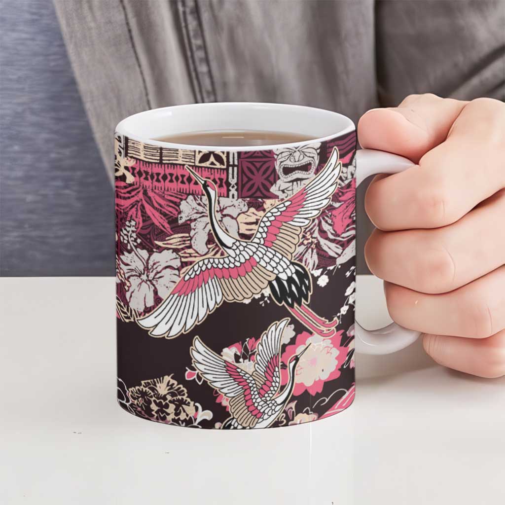 Japanese Hawaiian Crane Ceramic Mug Soft Pink Tapa Patchwork Pattern LT9 - Polynesian Pride
