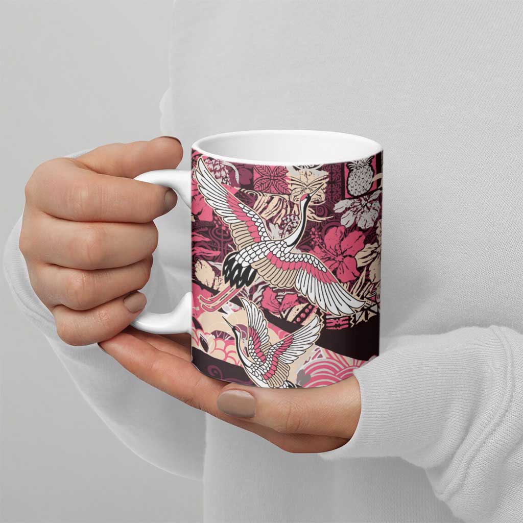 Japanese Hawaiian Crane Ceramic Mug Soft Pink Tapa Patchwork Pattern LT9 - Polynesian Pride
