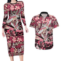 Japanese Hawaiian Crane Couples Matching Long Sleeve Bodycon Dress and Hawaiian Shirt Soft Pink Tapa Patchwork Pattern LT9 Pink - Polynesian Pride