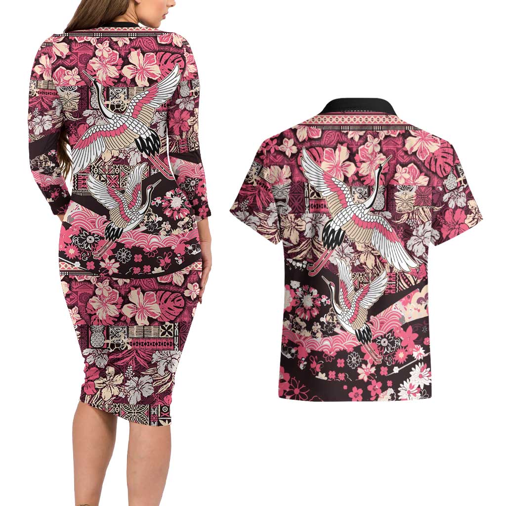 Japanese Hawaiian Crane Couples Matching Long Sleeve Bodycon Dress and Hawaiian Shirt Soft Pink Tapa Patchwork Pattern LT9 - Polynesian Pride